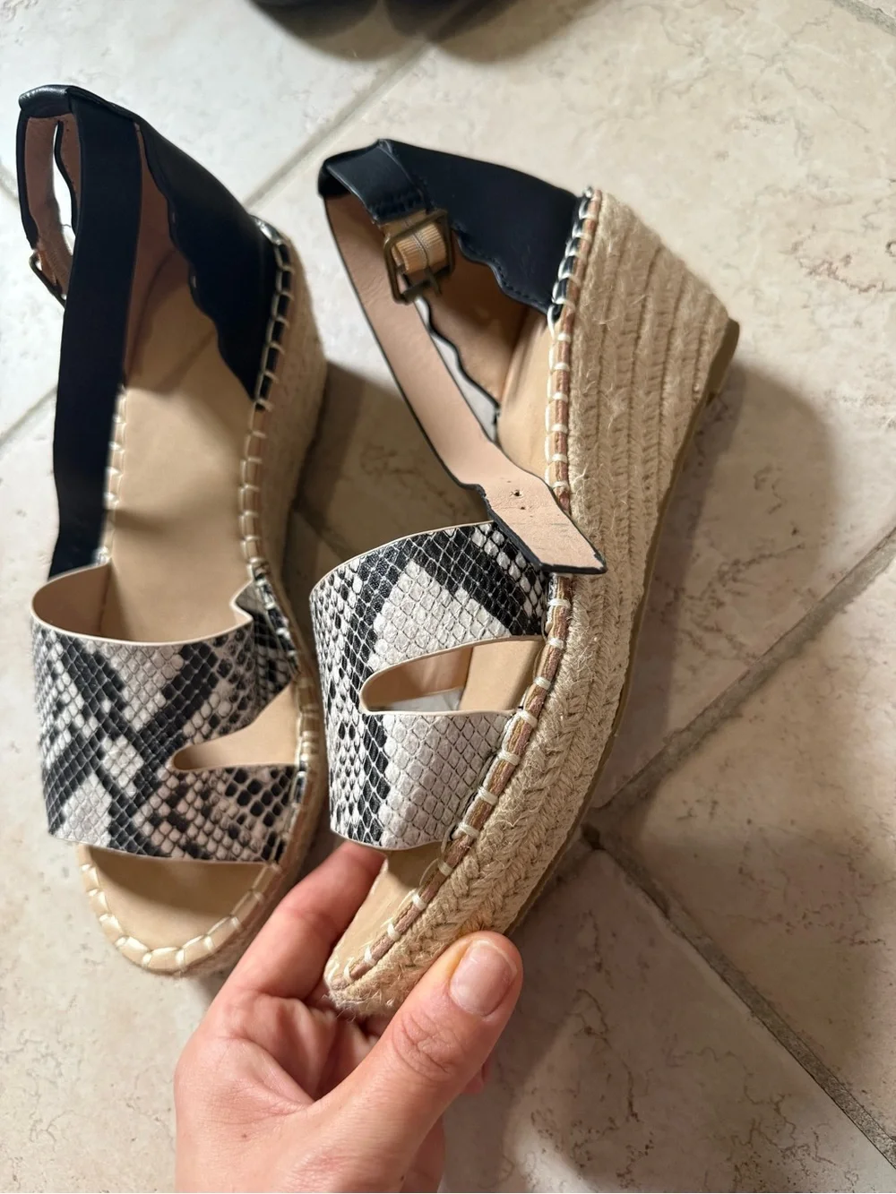 Catherine Malandrino Black & Cream Snake-Print Espadrille Wedges